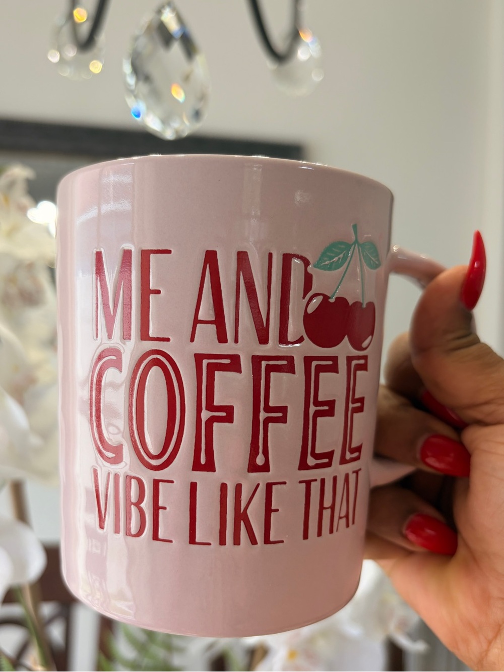 "Me and Coffee Vive like that- pink coffee mug